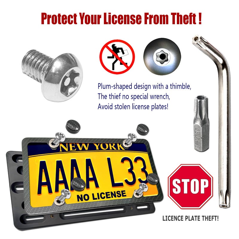 Aootf Front License Plate Mounting Kit-Universal Front Plate Holder Adapter Bumper Bracket & Carbon Fiber Style License Plate Frame, Anti-Theft Screws and Wrench Kit, for Any Vehicle Or Trailer,Truck - Image 2